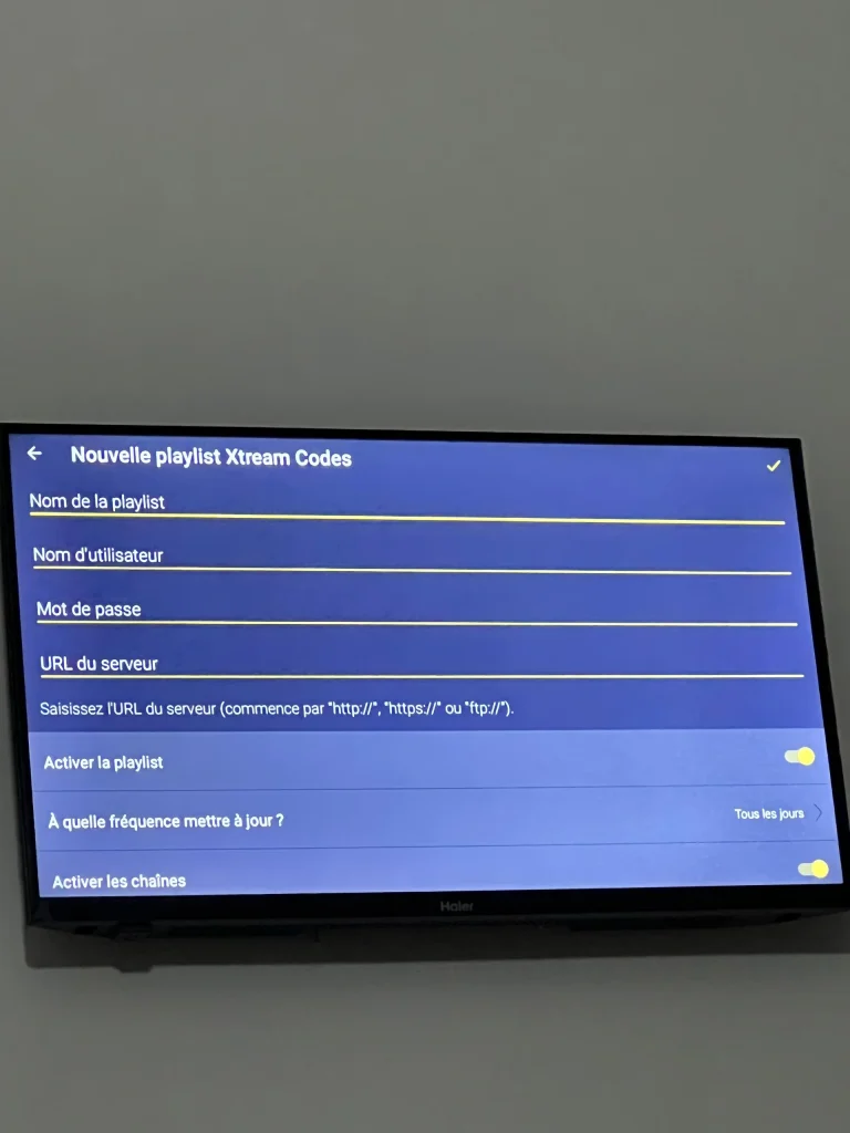 Entrez les informations d'abonnement IPTV